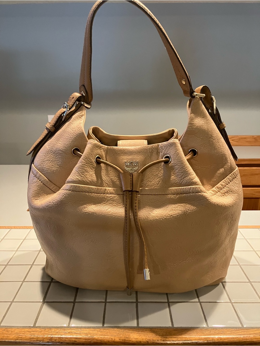 MCM Tan Drawstring Leather Shoulder Hobo